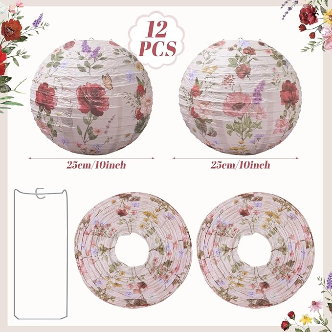 Honoson 12 Pcs Red Rose Paper Lanterns Spring Floral Party Decorations Hanging 10 Inch Chinese Lanterns for Wedding, Bridal Shower, Baby Shower, Tea Party Decorations