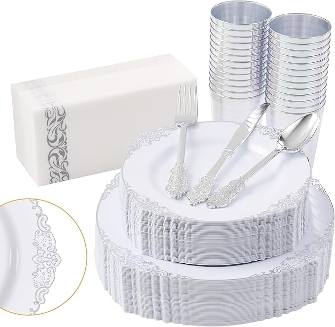 Fijinhom 350pcs Silver Plastic Plates, Elegant Disposable Dinnerware Set, 125 Pieces, White and Gold, Plates, Cups, Cutlery and Napkins (Silver, 50 Guests)