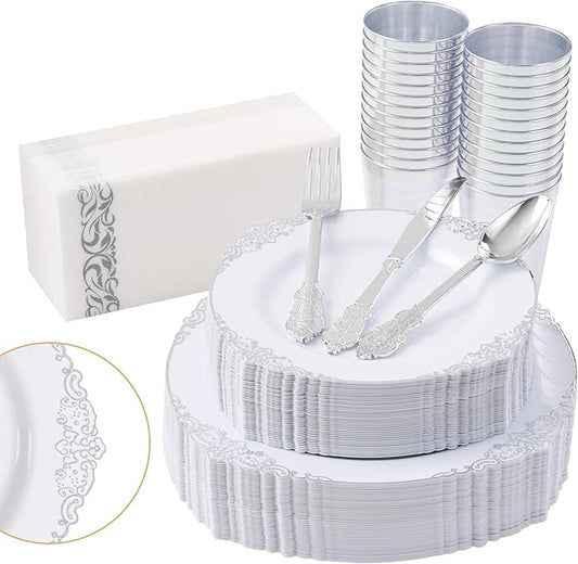Fijinhom 350pcs Silver Plastic Plates, Elegant Disposable Dinnerware Set, 125 Pieces, White and Gold, Plates, Cups, Cutlery and Napkins (Silver, 50 Guests)