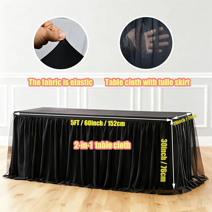 2-Pack Black 2-in-1 Tulle Tablecloth for 5-Foot Rectangular Table – Stretch Fitted Table Skirt & Cover for Baby Shower, Bridal, Birthday, Princess Party