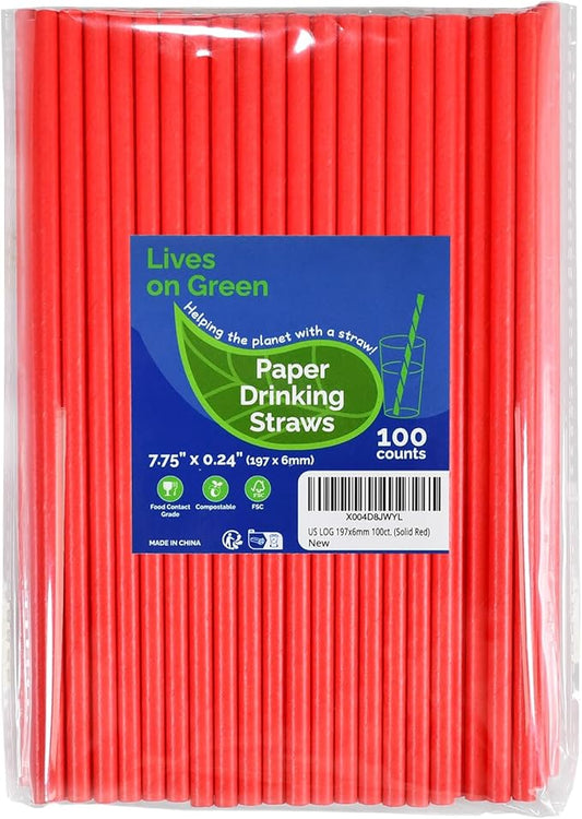 Disposable 7.75 inch Solid Red Paper Straws 100 Counts for Drinking, Decoration, Cake Pops, DIY Arts & Crafts - Eco-friendly