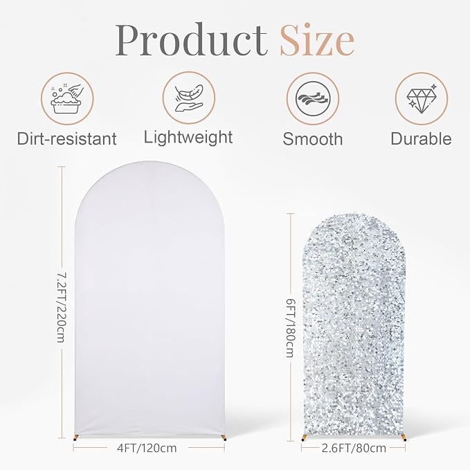 White and Silver Arch Covers 7.2 and 6FT Sequin Arch Backdrop Cover Set of 2, Spandex Fitted Bling Sequin Arch Stand Covers for Birthday Party Ceremony Baby Shower Banquet Decoration