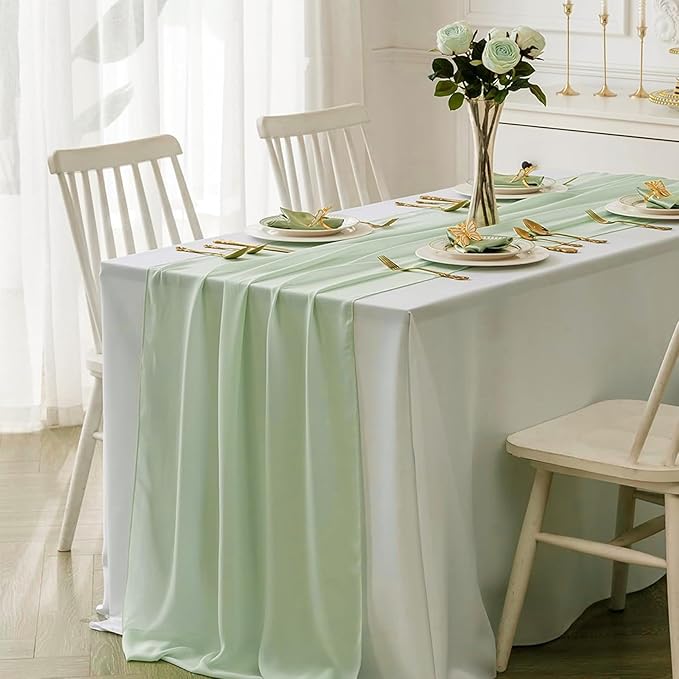 Sage Green Glitter Chiffon Table Runner 35x120 Inches 6 Pack for Outdoor BBQ Thanksgiving Party Table Decor