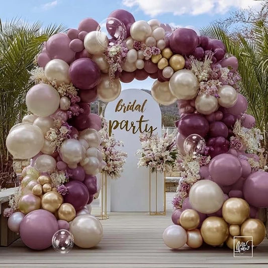 Dusty Purple Gold Balloon Arch Kit Double Stuffed Plum, Dark Lavender, Pearl White Sand Balloon Garland with Clear Bobo for Birthday Bridal Baby Shower Mothers Anniversary Graduation Party Decoration