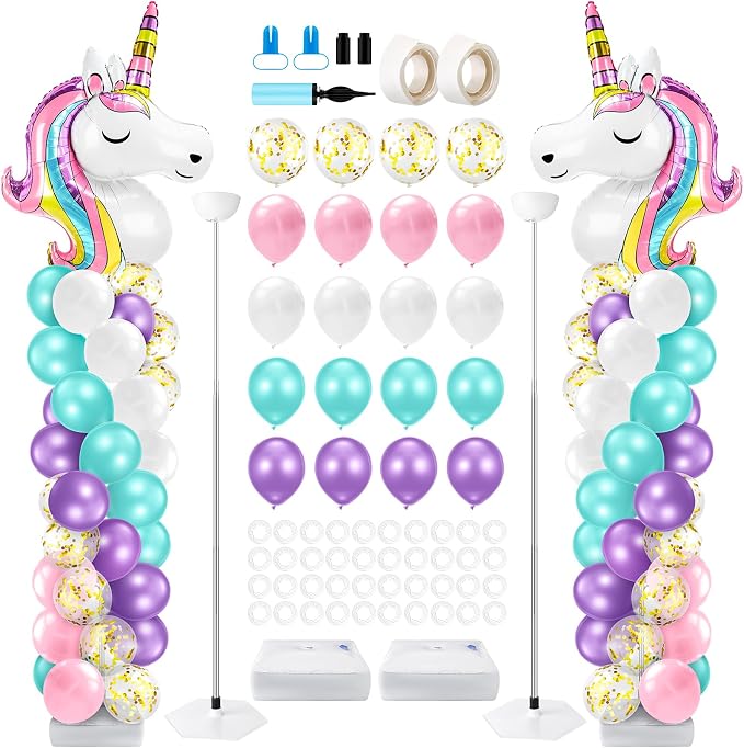 Kasyat 2 Set Unicorn Party Balloon Column Stand Kit with 2 Unicorn Balloons 100 Latex Balloons, Adjustable Balloon Stands Party Supplies for Wedding Baby Shower Birthday