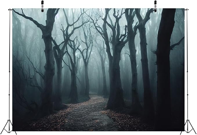 Haunted Mist Forest Backdrop 12x10ft Fabric Creepy Scene Dark Pathway Scary Trees Spooky Foggy Woods Background for Halloween Birthday Party Decorations Witch Photo Booth Studio Props