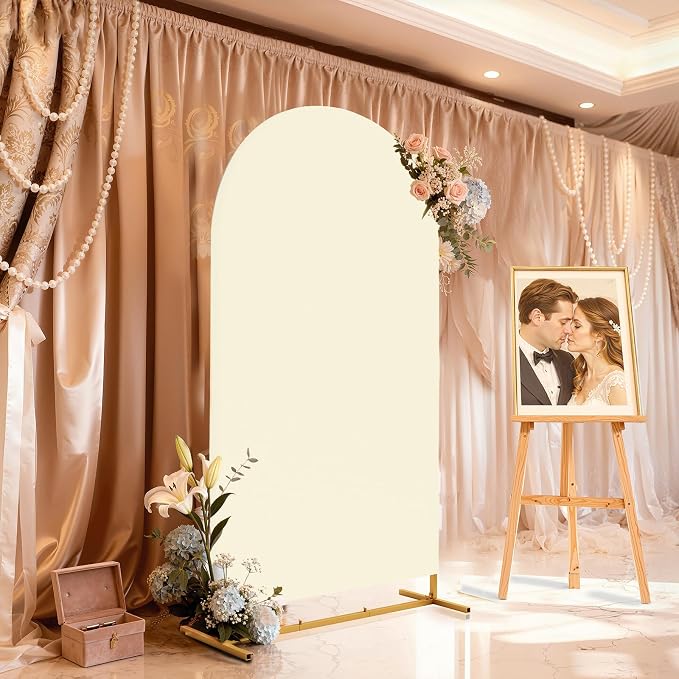 7.2FT Metal Arch Backdrop Stand and Cover Set, Gold Arch Stand with Cover, Easy to Assemble, Pretty Wedding Arch for Birthday Party, Wedding Ceremony and Baby Shower