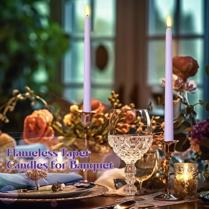 Macarrie 24 Packs Flameless Taper Candles Battery Operated Fake 11 Inch Long Candlelight LED Flameless Candlesticks Flickering Tapered for Summer Fall Wedding(Lavender Purple)