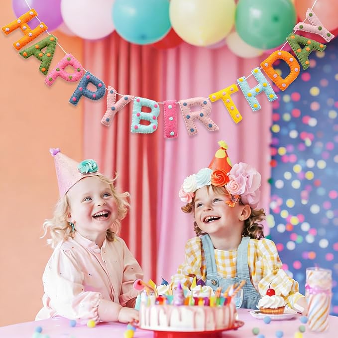 Pre-Strung Handmade Wool Felt Colorful Happy Birthday Banner, Unique 3D Confetti Dots Happy Birthday Garland Decor, Reusable Happy Birthday Sign for Boho Rainbow Party Backdrop Decorations