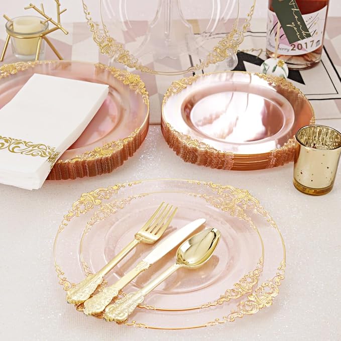 Hioasis 175pcs Pink and Gold Plates - Pink Party Plates for 25 Guest, Include 50 Heavy-duty Plates(20% Thicker Than Standard), 75 Cutlery Set, 25 Napkin, 25 Cups for Party & Easter