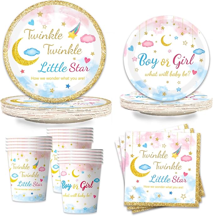 96Pcs Twinkle Twinkle Little Star Gender Reveal Party Supplies Tableware Set little Star Baby Shower Plates Napkins Forks Dinnerware for Baby Shower Decorations, 24 Guests