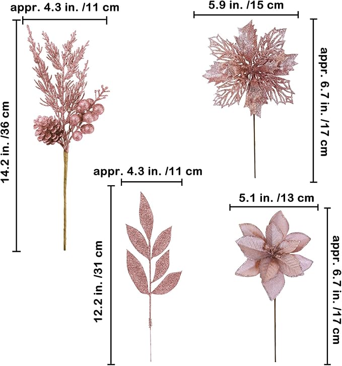 Winlyn 35 Pcs Christmas Artificial Poinsettia Flowers Picks and Artificial Leaves Sprays Rose Gold Glitter Christmas Floral Picks for Rose Gold Christmas Tree Wedding Holiday Decor Centerpiece Wreath