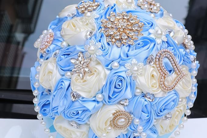 Light Blue Bridal Wedding Bouquet with Rhinestone Brooch Pearl String Cascade Bouquet for Bride Bridesmaid Quinceanera Satin Rose Flower Bouquet Wedding Light Blue and Ivory 9.8in