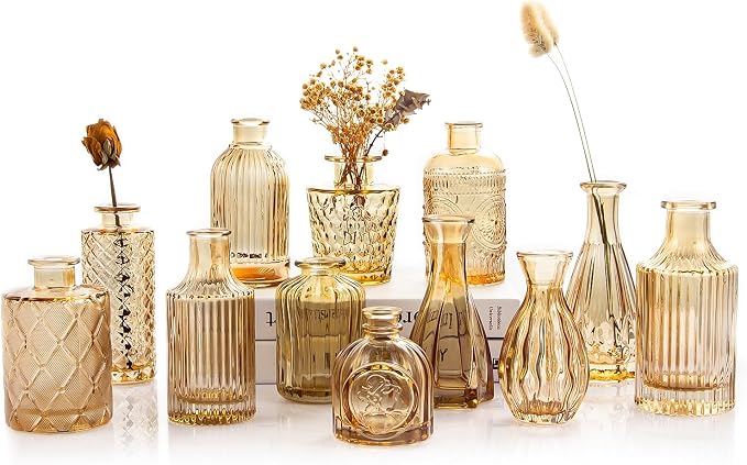 TBWIND Gold Amber Glass Bud Vases Set of 12, Small Vases for Flowers, Champagne Mini Vintage Vases for Centerpieces,Bud Vase in Bulk for Wedding Decor,Single Flowers,Office and Home Table Flower Décor