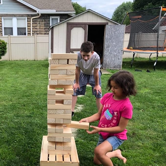 PetGirl Giant Tumble Tower 54PCS - Jumbo Wooden Stacking Game Over 4 FT for Kids Adults Family, Premium Pine Outdoor Yard Game for BBQ, Party, Camping