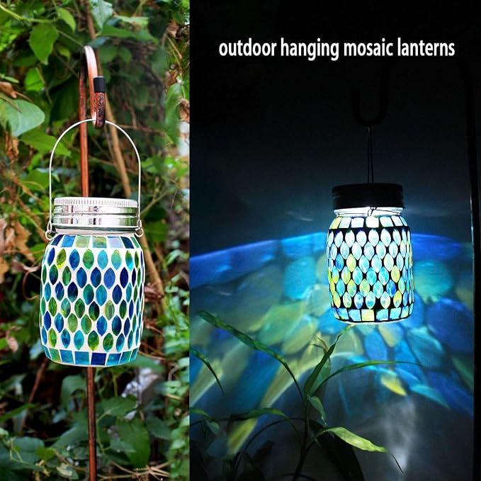 Solar Mosaic 2pack Outdoor Waterproof Cool Blue Mosaic jar Decor Christmas Gifts for Women Mom Grandma Halloween Hanging Solar Lights Decoration Outside for Yard, Patio,Backyard,Porch (Contemporary)