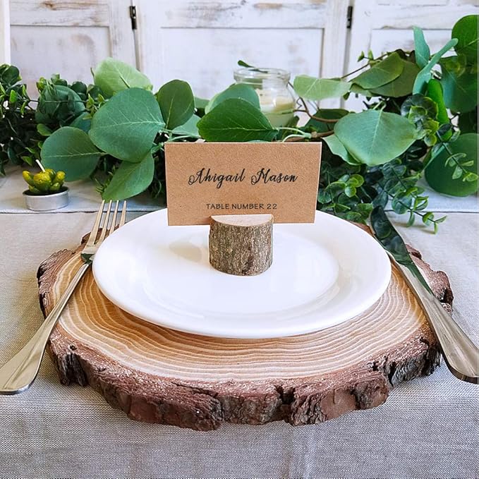 6 Pcs 8"-11" Wide Large Natural Round Wood Slices with Bark Pine Wood Slices Table Mat with 50 Pcs Kraft Place Cards for for Wedding Centerpiece DIY Woodland Projects Table Chargers Country Decor
