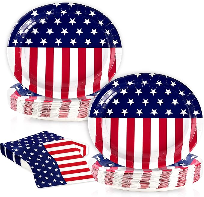 100 Pcs Patriotic Oval Paper Plates and Napkins, 12"×10" Large Disposable Red White Blue American Flag Themed Tableware Set Heavy Duty for Veterans Day Election Day 4th of July Independence Day Decor