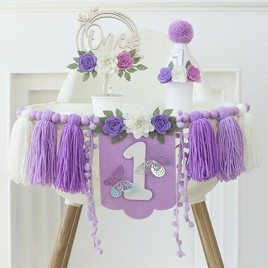JUIIZAY Butterfly First Birthday Decorations for Girl Purple High Chair Banner One Flower Cake Topper Floral Hat 1st Birthday Decoration Supplies