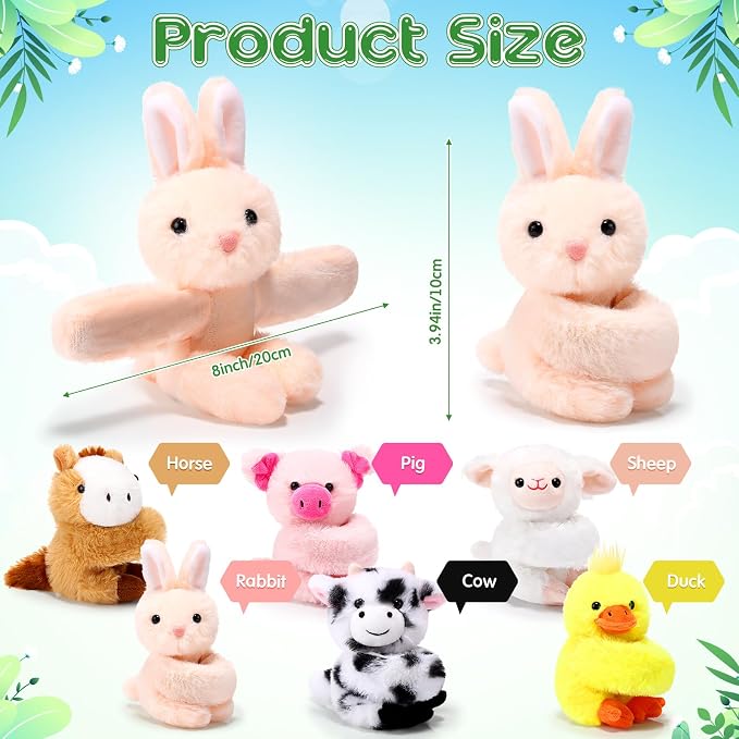 Gemscream 6 Pcs Stuffed Animal Slap Bracelets for Kids, 8 Inch Back to School Small Classroom Prizes Toy, Wrist Snap Bracelets Birthday Gifts for Boys Girls Pet Adoption Party Favors(Farm Animals)