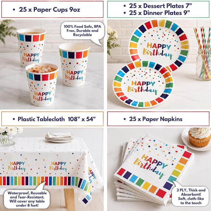 489 Pc Rainbow & Colorful Birthday Party Decorations Kit 25 Guests | Rainbow balloon arch, banner, tableware, cake toppers & sash; reusable, indoor/outdoor party kit for boys & girls, serves 25