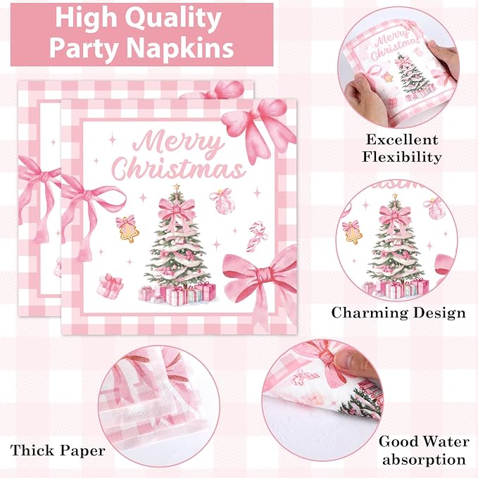 96Pcs Pink Christmas Tree Party Decorations Pink Bow Plates and Napkins Tableware Buffalo Plaid Dinnerware for Merry Xmas Winter Holiday Party Supplies 24 Guests