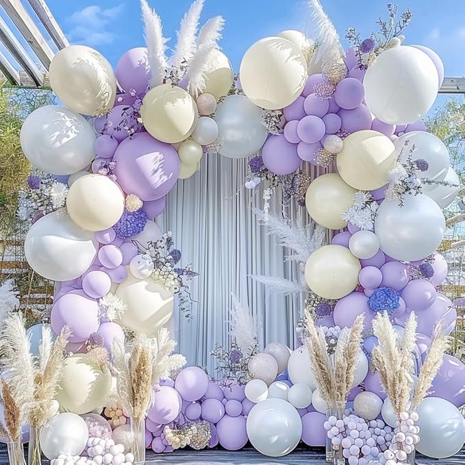 Pastel Purple White Balloon Garland - Double Stuffed Lavender Light Purple Cream Balloon Arch Kit Pearl Lilac White Ivory Color for Birthday Baby Shower Bridal Wedding Butterfly Fairy Party Decor