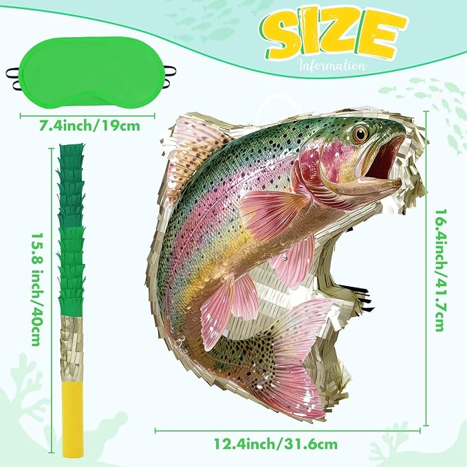 WERNNSAI Rainbow Trout Piñata - Fishing Party Decorations Trout Fish Piñata with Blindfold and Stick for Men Fishing Birthday Decorations Father's Day Celebration Carnival Supplies