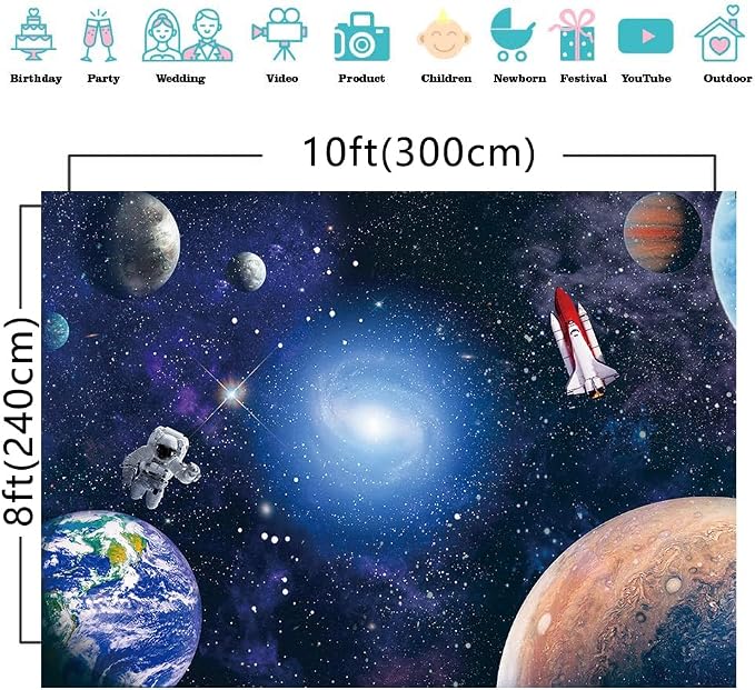 CGXINS 10x8ft Outer Space Backdrop for Baby Kids Astronaut Themed Birthday Party Decoration Supplies Universe Galaxy Stars Newborn Baby Shower Photo Background Photography