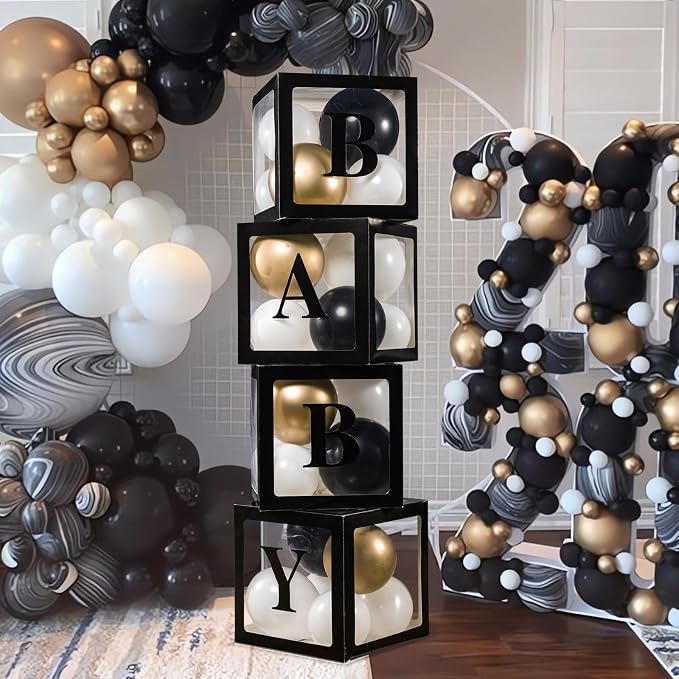 Voircoloria Baby Boxes with Letters for Baby Shower Decorations with 4 Balloon Boxes for Gender Reveal Halloween Decorations(Black)