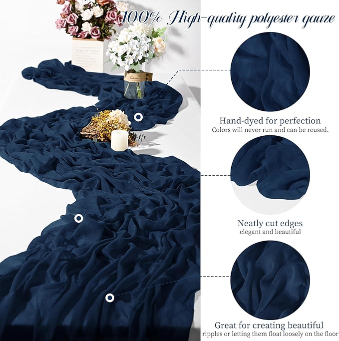 Teruntrue 24 Packs Navy Blue Cheesecloth Table Runner,10ft Rustic Gauze Boho Wedding Table Runner Decoration, Wedding Table Decor Sheer Table Runner for Wedding Party Bridal Shower Table