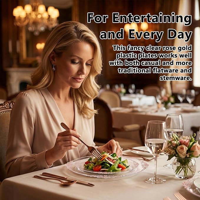 102PCS Rose Gold Plastic Plates - Clear Rose Gold Plate - Heavy Duty Disposable Plates - Fancy Disposable Dinner & Dessert Plate for 51 Guests for Party & Wedding & Mother's Day