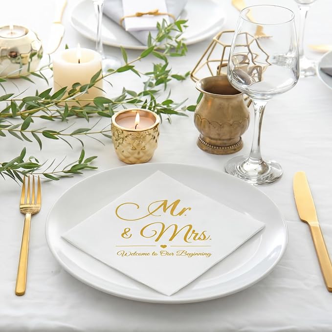 200 Pack Linen Feel Mr and Mrs Wedding Cocktail Napkins Disposable White and Gold Guest Linen Napkins for Wedding Party Reception Dessert Cake Table Decorations