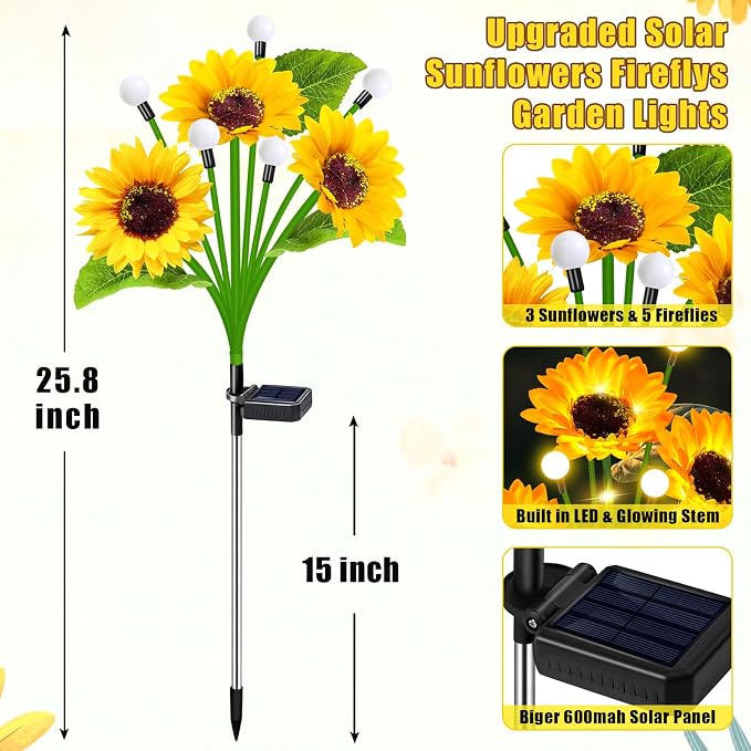 EDOF 6 Pack Sunflower with Firefly Lights,Solar Lights Outdoor Garden Decor,Solar Flowers Lights Waterproof,Sunflowers Birthday Gifts for Mom Women,Decorative Stakes Fairy Lights for Yard Patio Lawn