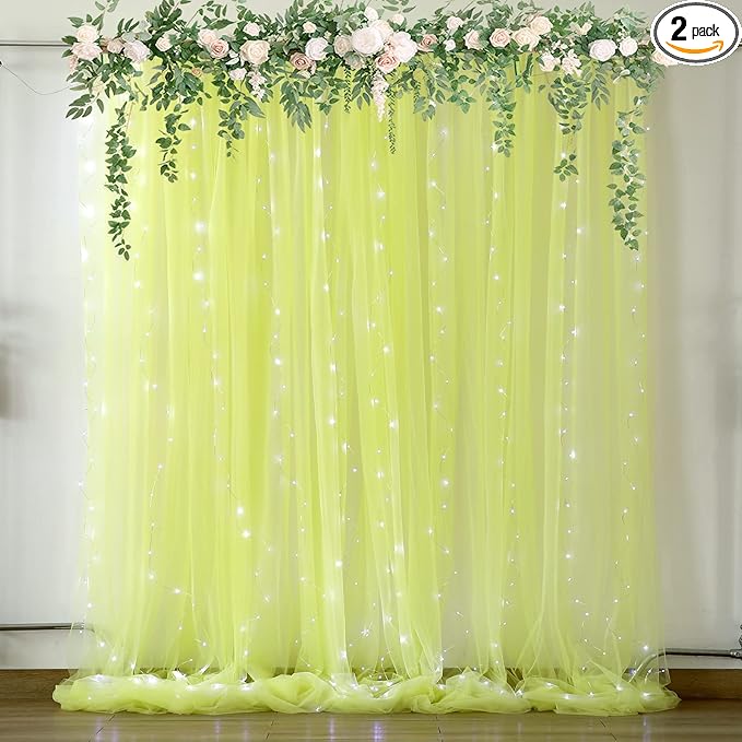 Yellow Tulle Backdrop Curtains with Lights String for Birthday Party Photoshoot 10ft × 8ft Sheer Backdrop Curtains for Baby Shower Wedding Background Decorations 2 Panels 5×8ft
