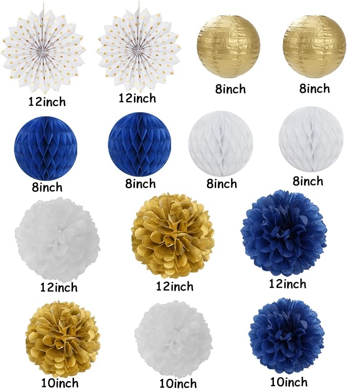 Navy-Blue White Gold Party Decorations - 14pcs Kits Paper Lanterns Fan,Tissue Flower Pom Poms Streamers,Honeycomb Balls,Graduation 2026 Men Birthday Wedding Baby Bridal Shower Decor Lasting Surprise