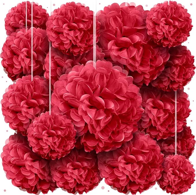 Red Tissue Paper Pom Poms - Red Party Decorations for Birthdays, Weddings, Baby Showers and Special Occasions by Avoseta (16 Piece Set, Assorted Sizes)