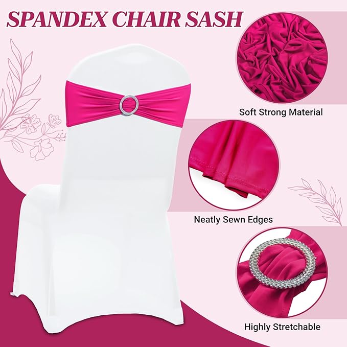 VDS - Magenta | Spandex Chair Sashes Bows | 75 PCS | Stretch Elastic Banquet Universal Folding Chair Band Tie with Silver Buckle Slider for Wedding Party Conference Celebration Event Decoration