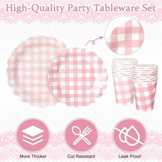 Yaomiao 168 Pcs Pink Gingham Plates and Napkins Pink Princess Party Decor Pastel Gingham Paper Plates Cups Napkin Plastic Knife Fork Spoon Serve 25 Guests Wedding Baby Shower Birthday Party Supplies