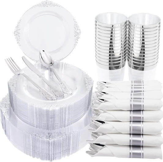 Morejoy 350PCS Clear Silver Plastic Plates - Silver Disposable Plates sets Include 50 Dinner Plates,50 Salad Plates,50 Forks,50 Knives, 50 Spoons，50 Cups, 50 Rolled Napkins for Wedding & Christmas