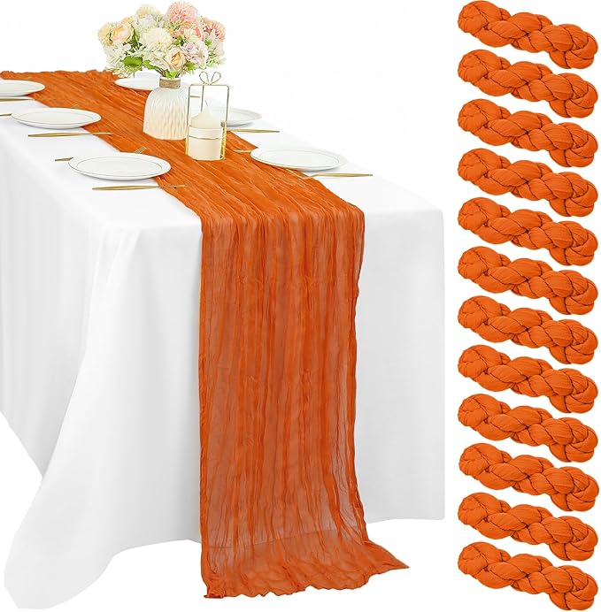 12 Pieces 10FT Orange Cheesecloth Table Runner Boho Gauze Fabric Runner for Tables Rustic Sheer Runner for Wedding Bridal Shower Birthday Holiday Party Cake Table Arbor Decor (35 x 120 Inches Long)