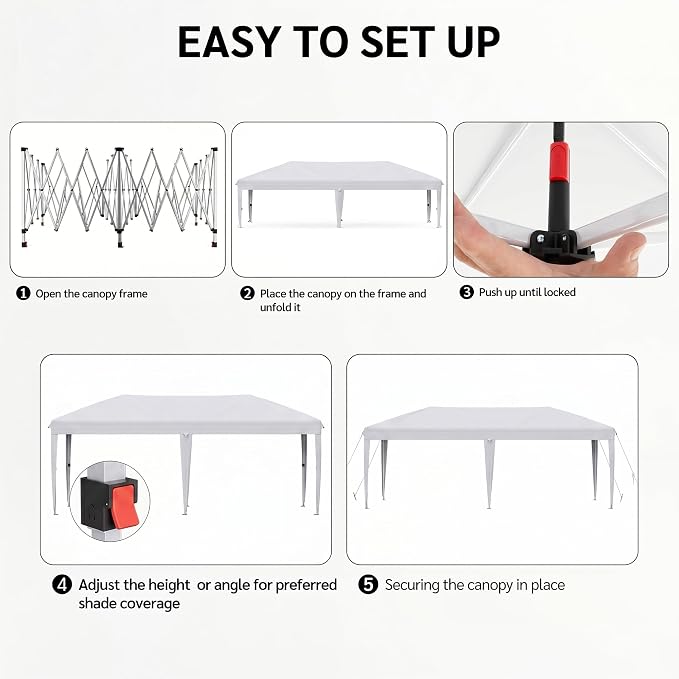 10x20 FT Portable Pop Up Canopy Tent with Sandbags, Adjustable Height Instant Gazebo Without Sidewalls,Waterproof Outdoor Canopy for Camping, Parties, Vendor Events (White, 3m × 6m Without sidewalls)
