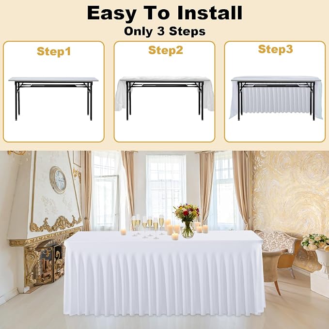 3 Pack White Spandex Table Clothes for 6 Foot Rectangle Tables, Fitted Stretch Table Cover 6ft White Spandex Tablecloths with Table Skirt for Weddings Birthday Parties Banquet Baby Shower