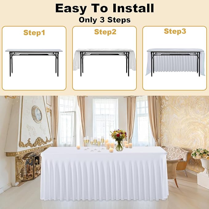 5 Pack White Spandex Table Clothes for 6 Foot Rectangle Tables, Fitted Stretch Spandex Table Cover 6ft White Tablecloths with Table Skirt for Weddings Birthday Parties Banquet Baby Shower