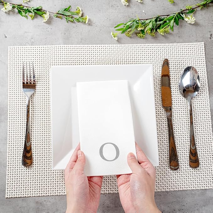Luxenap 15.8 X 7.9 Inch Linen-Feel Guest Towels, 2000 Lettered Hand Towels - Silver Letter 'O', Sans Serif Font, White Paper Dinner Napkins, airlaid, For Restrooms And Tables - Restaurantware