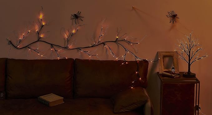 LITBLOOM Lighted Black Glittered Garland with 48 Orange and Purple Bi-Color Lights, Halloween Garland with Lights 8 Functions 6FT Battery Operated for Home Party Halloween Decoration Indoor Outdoor