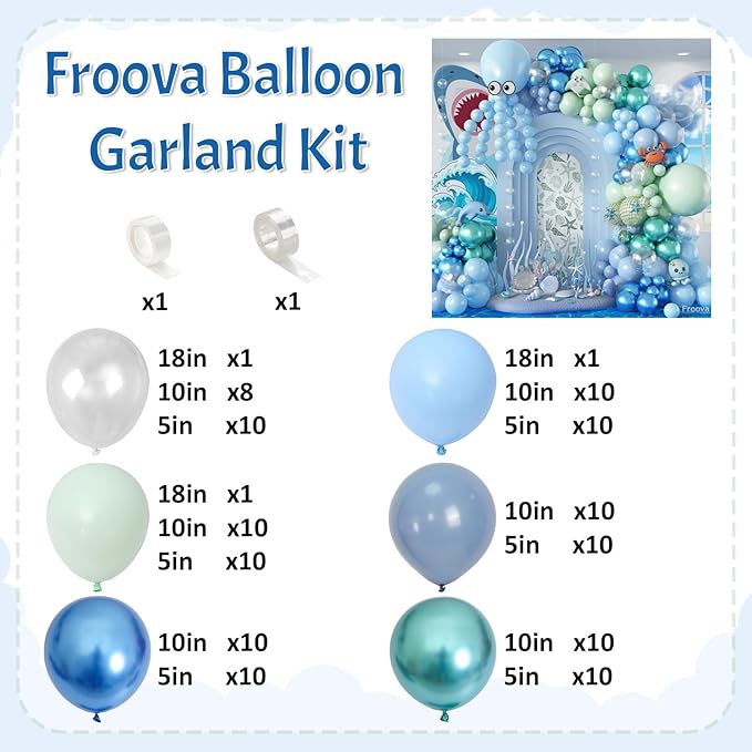 Under the Sea Balloons Garland Arch Kit, 123pcs Dusty Blue Teal Pastel Green Metallic Blue Green Ocean Balloon with Transparent Balloons for Shark Baby Shower Sea Animal Birthday Party Decorations