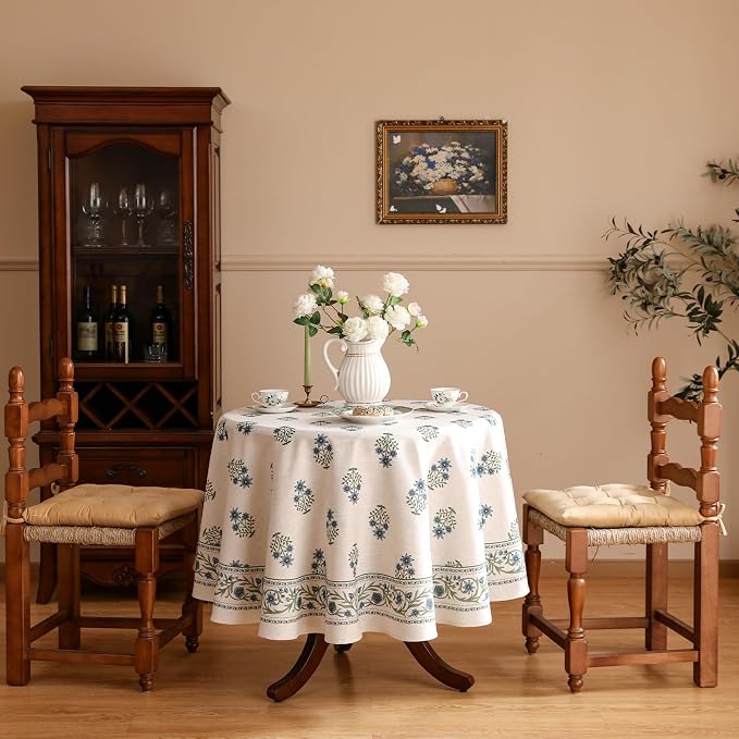 ISAENNE Designer French Linen Round Tablecloth,Diameter 67"-Mosella F | Vintage Elegant Table Cloth for Round Table,Floral Pattern,Durable,Heavyweight,Dining Room,Kitchen,Thanksgiving,Decor