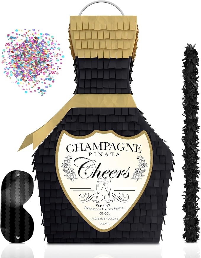 Jergrim Black and Gold Champagne Piñata with Stick 17”X11”X3” great for 21st Birthday, Decorations, Graduation, New Years & Wedding Props - Fits party favors