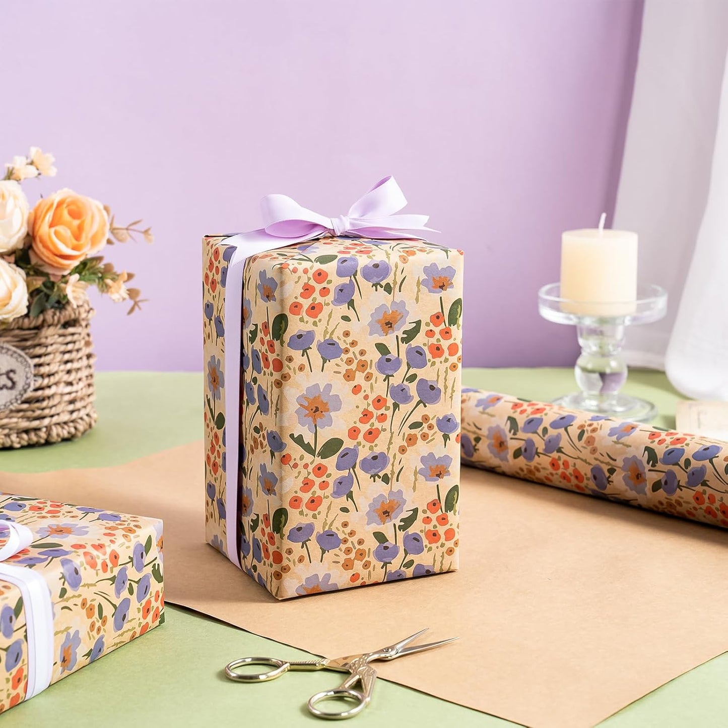 WRAPAHOLIC Kraft Floral Wrapping Paper Roll - Mini Roll - 17 Inch x 9.8 Feet - Watercolor Flower Wrapping Paper, Perfect for Wedding, Birthday, Bridal Shower, Tea Party